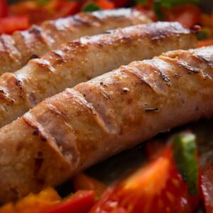 Close-up of juicy grilled sausages served with fresh sliced tomatoes.